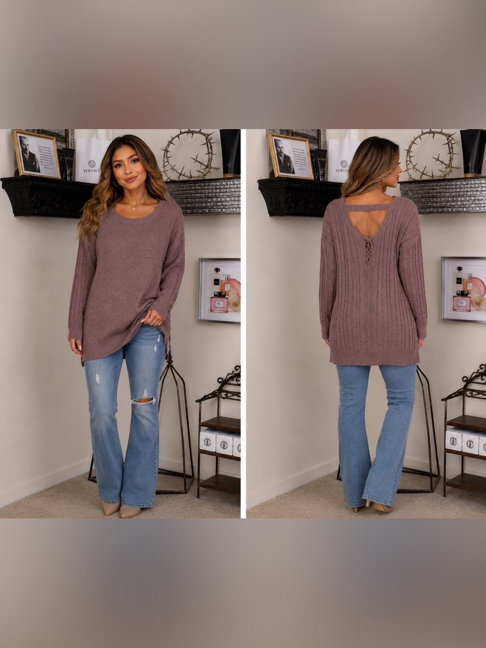Purple Snow Mauve Scoop Front V-Back Knit Sweater